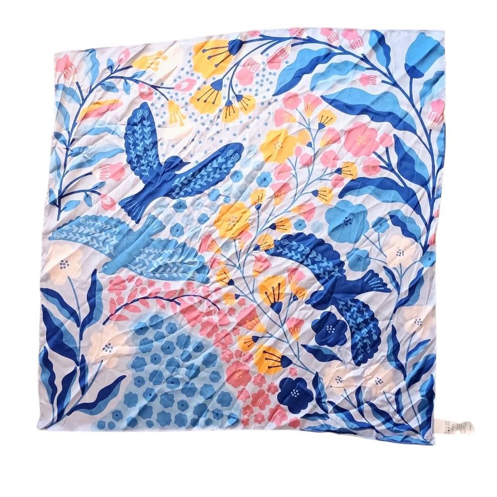 NWOT Cynthia Rowley New York Bird And Flower Scarf - Blue, Pink, Yellow